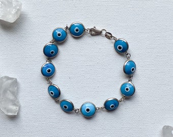 Eye on You Bracelet - Vintage Sterling Silver Light Blue Glass Evil Eye Bracelet