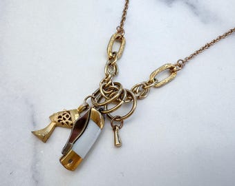 Nefertiti Knife Necklace - Gold-Tone Folding Mother of Pearl Pocketknife, Egyptian Charm & Reclaimed Chain Statement Assemblage Necklace