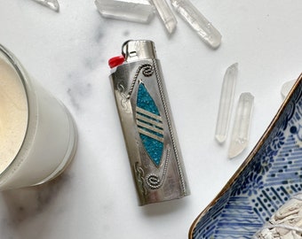 Delilah Lighter Cover - Vintage Blue Crushed Turquoise and Textured Wire Silver-Tone Lighter Sleeve/Lighter/Lighter Case/Lighter Holder