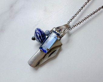 Navy Knife Necklace - Silver-Tone Extra Small Folding Knife, Blue and White Patterned Bead Charm, Blue Glass Gem & Reclaimed Chain Necklace