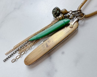 Vitaliya Knife Necklace - Vintage Gold-Tone Folding Penknife, Faux Malachite, Handmade Chain Tassel, Vintage Bead & Reclaimed Chain Necklace