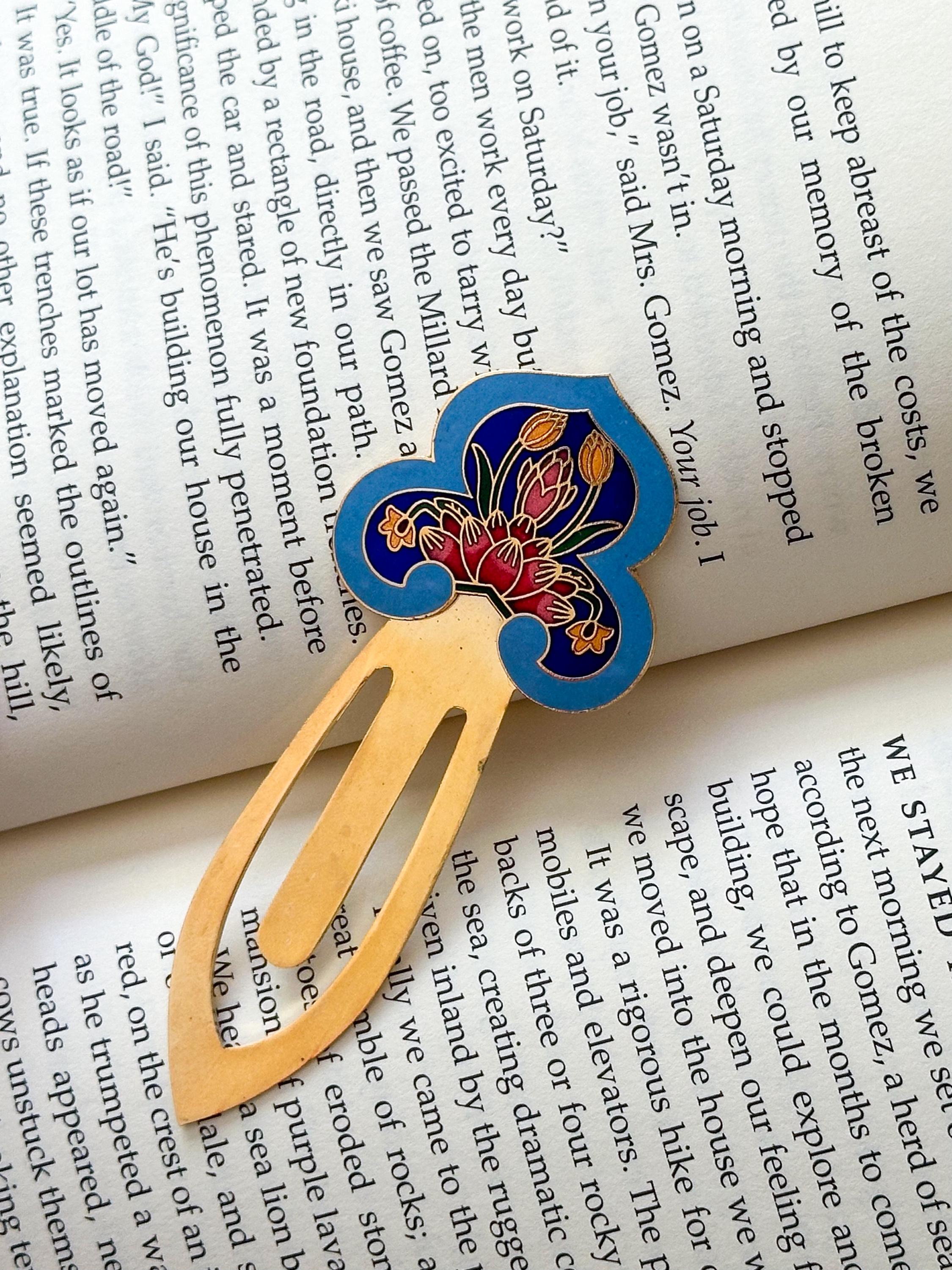 Odesa Bookmark - Vintage Cloisonné Enamel Blue with Orange and Pink Flowers Gold-Tone Flower Bookmark/Book Mark