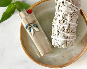 Butterfly Lighter Cover - Vintage Butterfly Design Crushed Blue Turquoise Chip, MOP & Nickel Silver Lighter Case/Cover/Lighter Sleeve/Holder