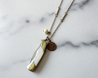 Aquarius Knife Necklace - Vintage Gold-Tone White Abalone Penknife, Gold-Tone Aquarius Charm & Reclaimed Chain Statement Necklace