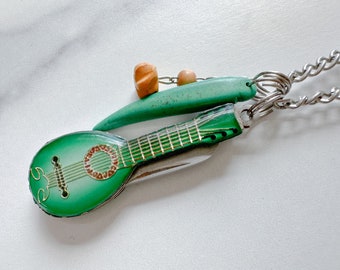 Dolly Knife Necklace - Vintage Green Guitar Penknife, Faux Malachite Spike Charm & Silver-Tone Patchwork Reclaimed Chain Statement Necklace