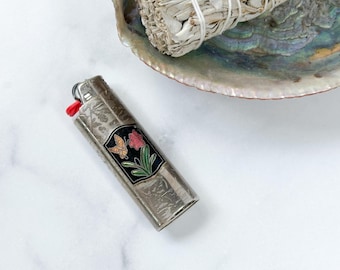 Butterfly Lighter Cover | Vintage Black Cloisonne Flower and Yellow Butterfly Lighter Cover | Lighter Case | Lighter Sleeve | Candle Lighter