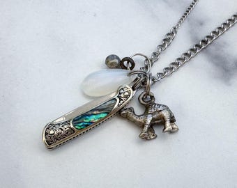Oasis Knife Necklace - Silver-Tone Engraved Abalone MOP Folding Penknife Pendant, Moonstone, Camel & Reclaimed Chain Assemblage Necklace