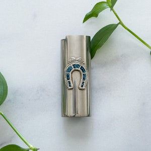Horseshoe Lighter Cover - Vintage Horseshoe Design Crushed Blue Turquoise Chip & Nickel Silver Lighter Case/Cover/Lighter Sleeve/Holder