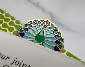 Peacock Bookmark - Vintage Cloisonné Blue, Green, Purple and Teal Feathered Peacock Bookmark / Book Mark / Clip Style Bookmark