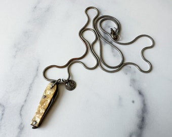 Socrates Knife Necklace - Vintage Yellow Mother of Pearl Penknife, Silver-Tone Coin Charm & Reclaimed Chain Men’s Statement Necklace