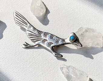 Booker Roadrunner Pin - Vintage Stamped Sterling Silver and Genuine Turquoise Roadrunner Pin/Brooch