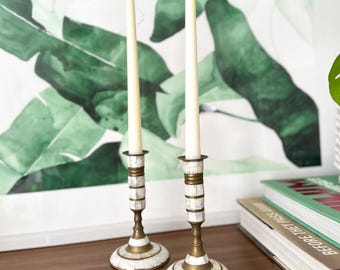 Vintage Brass Candlesticks | Pair Taper Holders with White Inlay | Mid Century Modern Home Decor | Wedding Table Centerpiece | Sweetheart