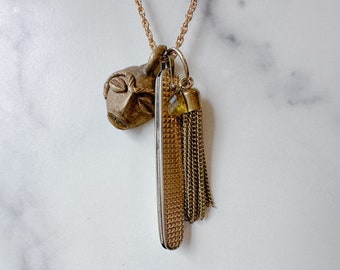 Ghana Knife Necklace - Vintage Gold-Tone Folding Knife, Brass Ashanti Mask Pendant, Crystal, Tassel & Reclaimed Chain Statement Necklace