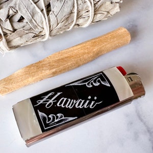 Hawaii Lighter Cover - Vintage Hawaii Souvenir Motif Etched Black Stone and Nickel Silver Lighter Cover/Lighter Case/Lighter Sleeve/Holder