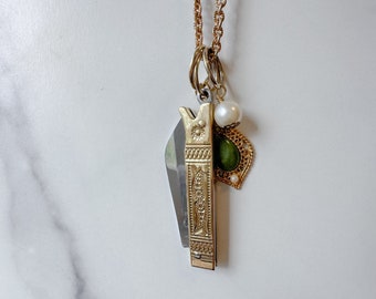 Aarya Knife Necklace - Gold-Tone Engraved Folding Knife, Vintage Faux Jade and Faux Pearl & Patchwork Reclaimed Chain Statement Necklace