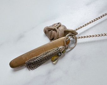 Akan Knife Necklace - Vintage Brass-Tone Folding Knife, Brass Ashanti Mask Pendant, Crystal, Tassel & Reclaimed Chain Statement Necklace