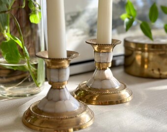 Akshi Candlesticks - Vintage Brass and Abalone Shell Mother Of Pearl Inlay Candlesticks