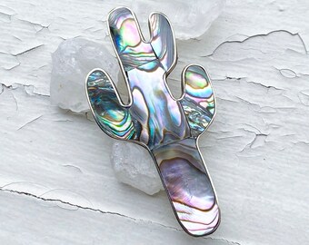 Saguaro Cactus Pin - Vintage Rainbow Abalone Shell Mother of Pearl and Sterling Silver Cactus Pin/Brooch