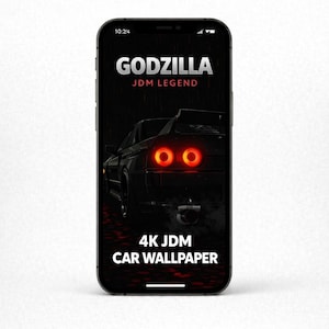 May include: A smartphone displays a black 4K JDM car wallpaper. The screen shows a black car with red taillights and the text "GODZILLA JDM LEGEND". The top of the screen displays the time.