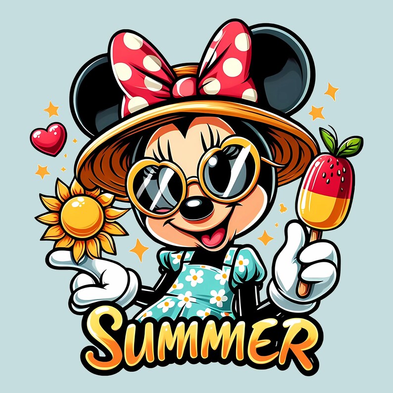May include: Cartoon illustration of a mouse wearing a red polka dot bow, sunglasses, and a straw hat. She holds a sunflower and a popsicle. The word "SUMMER" is written in yellow and orange. The mouse is wearing a blue dress with white flowers.