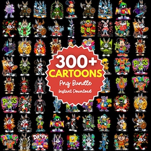 Puede incluir: Una colección de ilustraciones de personajes de dibujos animados, incluyendo Bugs Bunny y Mickey Mouse, en varias poses y estilos. La imagen presenta un gráfico circular rojo con el texto "300+ CARTOONS Png Bundle Instant Download". El fondo es negro.