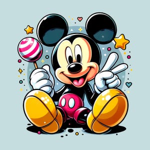 May include: A cartoon illustration of Mickey Mouse holding a lollipop and making a peace sign. Mickey is in his classic outfit with yellow shoes, red shorts, and white gloves. The background is light blue with stars and hearts.