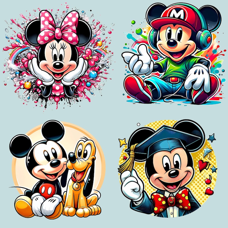 May include: Four colorful cartoon illustrations of Mickey Mouse and Minnie Mouse. One shows Minnie Mouse with a pink bow and polka dot dress. Another shows Mickey wearing a red hat and headphones. The third shows Mickey and Pluto. The last shows Mickey in a graduation cap.