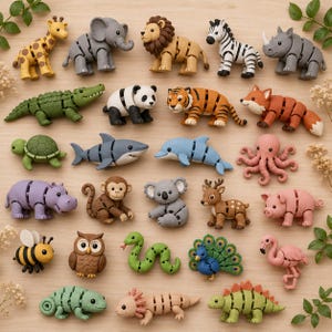 May include: A collection of colorful, segmented animal figurines, including a giraffe, elephant, lion, zebra, rhino, crocodile, panda, tiger, fox, turtle, shark, dolphin, octopus, hippo, monkey, koala, deer, pig, bee, owl, snake, peacock, flamingo, lizard, axolotl, and dinosaur.