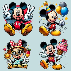May include: Four colorful illustrations of Mickey Mouse in various poses. One shows Mickey making a peace sign, another holding balloons, a third with sunglasses and the word "SUMMER", and the last with an ice cream cone.