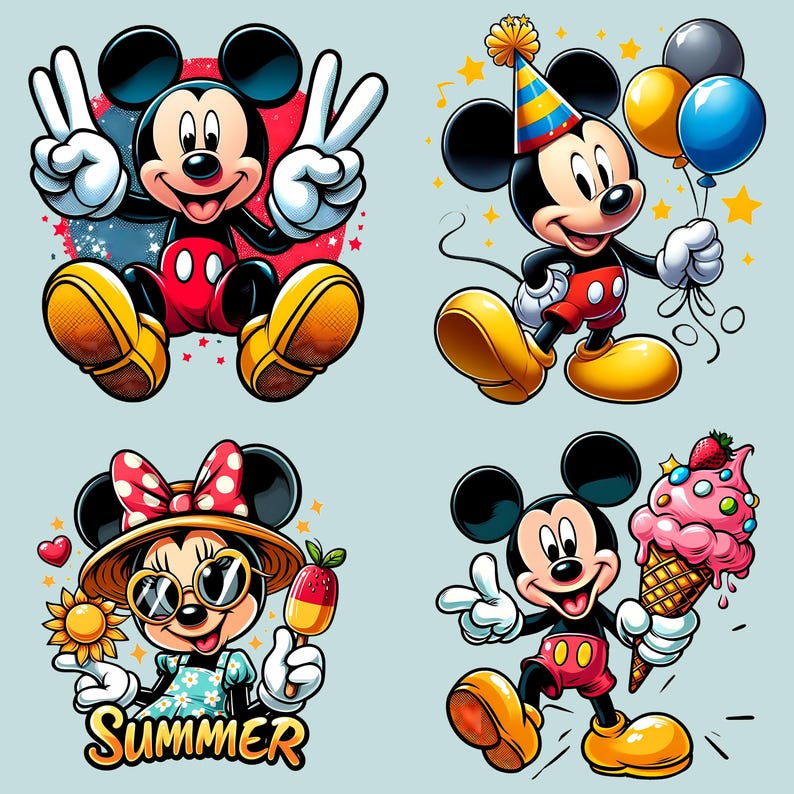 May include: Four colorful illustrations of Mickey Mouse in various poses. One shows Mickey making a peace sign, another holding balloons, a third with sunglasses and the word "SUMMER", and the last with an ice cream cone.