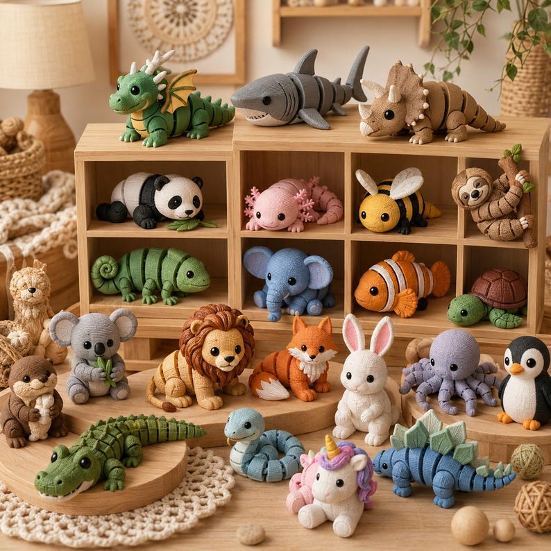 May include: A collection of handcrafted animal figurines, including a green dragon, shark, panda, axolotl, bee, sloth, chameleon, elephant, clownfish, turtle, koala, lion, fox, rabbit, octopus, penguin, alligator, snake, unicorn, and stegosaurus. The figurines are displayed on wooden shelves.