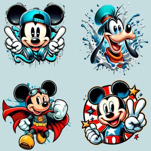 May include: Four cartoon illustrations of Mickey Mouse and Goofy in various poses. Mickey Mouse is depicted wearing a blue cap, headphones, and a superhero costume. Goofy is shown with a blue hat and surrounded by water splashes. The images have a graffiti art style.