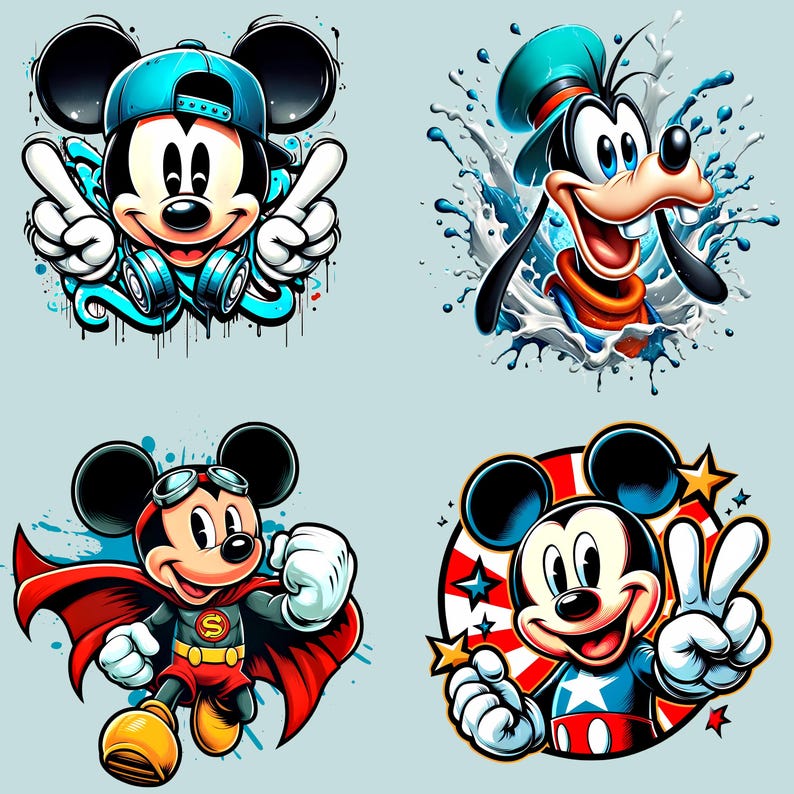 May include: Four cartoon illustrations of Mickey Mouse and Goofy in various poses. Mickey Mouse is depicted wearing a blue cap, headphones, and a superhero costume. Goofy is shown with a blue hat and surrounded by water splashes. The images have a graffiti art style.