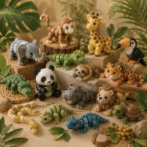 May include: A collection of colorful animal figurines, including a giraffe, toucan, tiger, and panda bear. The figurines are arranged on a natural-looking surface with greenery in the background. The animals are made of a hard material.