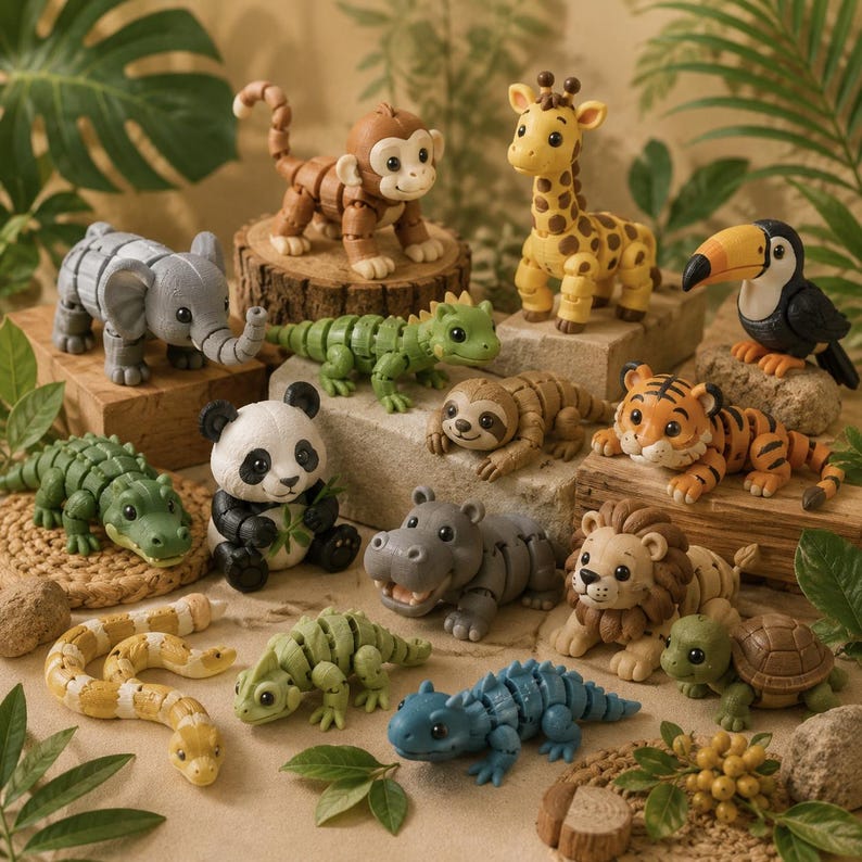 May include: A collection of colorful animal figurines, including a giraffe, toucan, tiger, and panda bear. The figurines are arranged on a natural-looking surface with greenery in the background. The animals are made of a hard material.