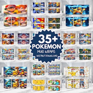 Peut inclure: Une collection de mugs en céramique avec divers motifs Pokémon. Les mugs présentent des illustrations colorées de personnages et de scènes de la franchise populaire. L'image comprend le texte "35+ POKEMON MUG WRAPS INSTANT DOWNLOAD".