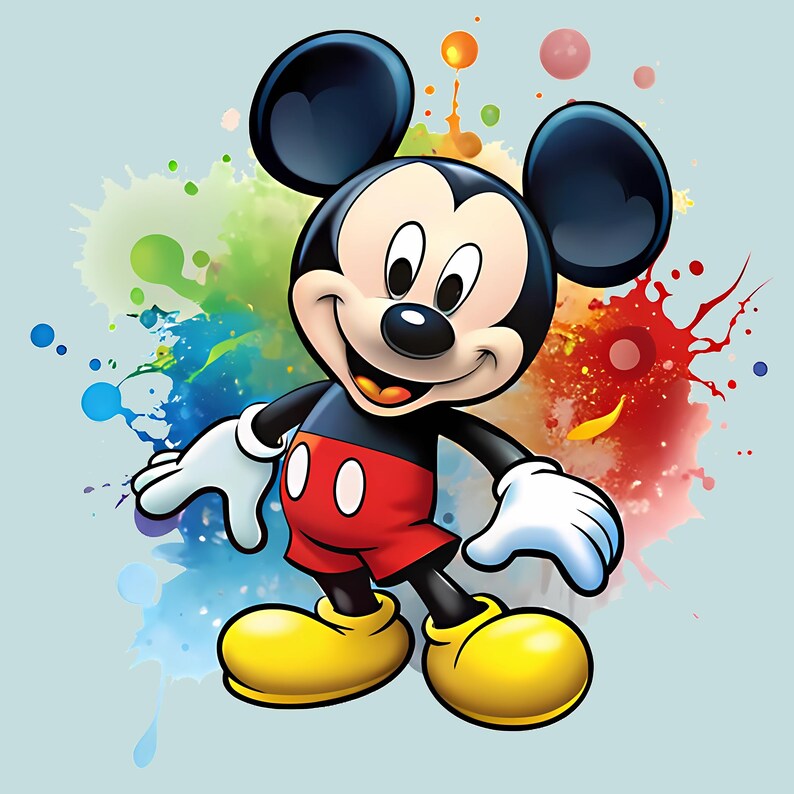May include: A cheerful illustration of Mickey Mouse, the iconic Disney character, against a backdrop of colorful watercolor paint splatters. Mickey is depicted in his classic attire: red shorts, yellow shoes, white gloves, and black ears.