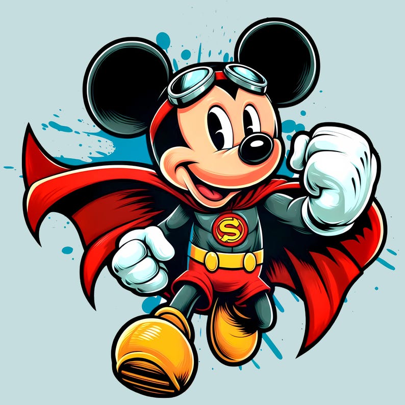 May include: Cartoon illustration of Mickey Mouse as a superhero. Mickey is wearing a red cape, red shorts, and a gray suit with a yellow belt. He has goggles on his head and a large "S" on his chest. The background is light blue with blue paint splatters.
