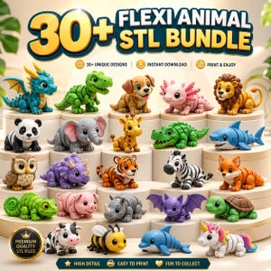 May include: A collection of 3D-printed animal figurines, including a dragon, dog, panda, elephant, giraffe, and more. The figurines are in various colors and designs. Text on the image reads "FLEXI ANIMAL STL BUNDLE" and "30+ UNIQUE DESIGNS".