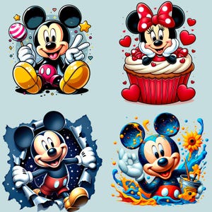 May include: Four colorful illustrations of Mickey Mouse and Minnie Mouse. Mickey is shown with a lollipop, giving a peace sign, breaking through a wall, and with paint. Minnie Mouse is shown on a cupcake with hearts.