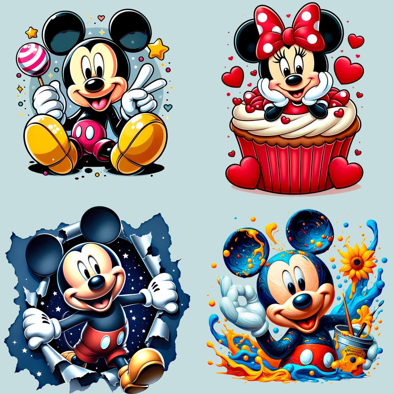 May include: Four colorful illustrations of Mickey Mouse and Minnie Mouse. Mickey is shown with a lollipop, giving a peace sign, breaking through a wall, and with paint. Minnie Mouse is shown on a cupcake with hearts.