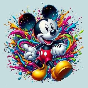 May include: A vibrant illustration of Mickey Mouse in a dynamic pose, set against a backdrop of colorful paint splashes. Mickey is depicted in his classic attire: red shorts, yellow shoes, white gloves, and a black and white face. The artwork features a playful and energetic theme.