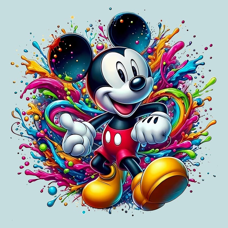 May include: A vibrant illustration of Mickey Mouse in a dynamic pose, set against a backdrop of colorful paint splashes. Mickey is depicted in his classic attire: red shorts, yellow shoes, white gloves, and a black and white face. The artwork features a playful and energetic theme.