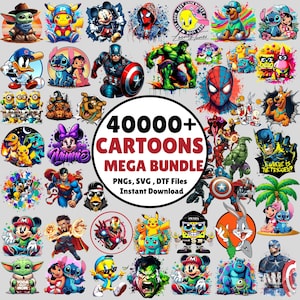 Op de afbeelding: Een verzameling cartoonkarakterafbeeldingen, waaronder Baby Yoda, Pikachu, Mickey Mouse en Spider-Man. De afbeelding bevat een centrale cirkelvormige afbeelding met de tekst "40000+ CARTOONS MEGA BUNDLE" en informatie over bestandstypen.