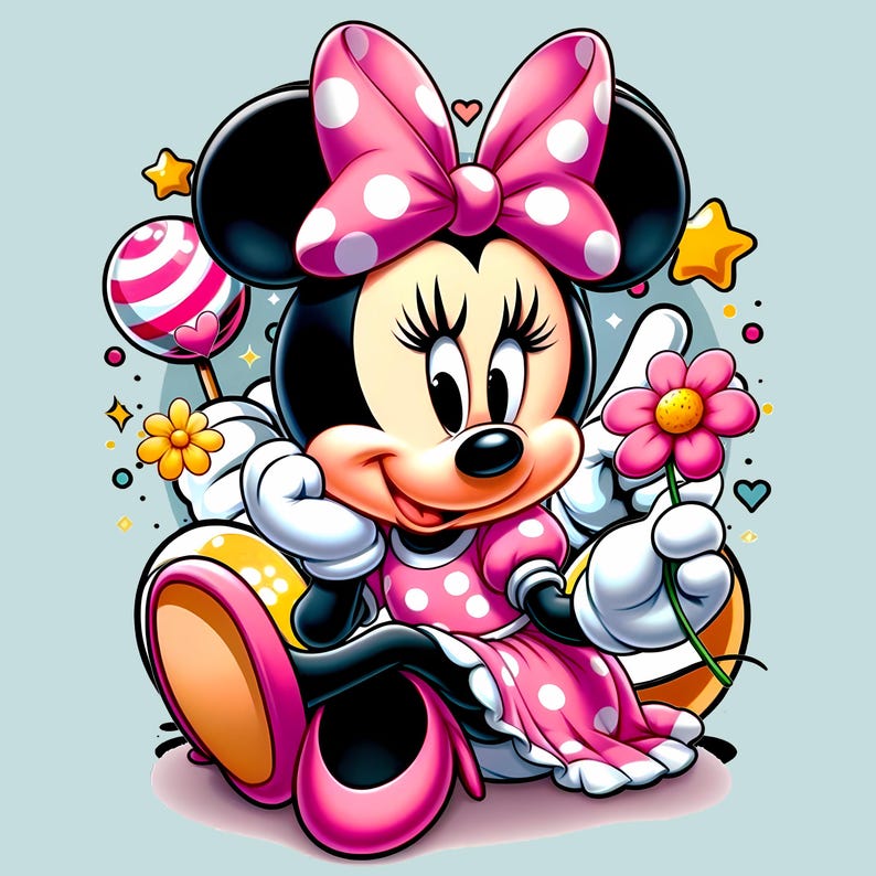 May include: A cartoon illustration of Minnie Mouse in a pink polka-dot dress and bow. She is holding a pink flower and sitting on a yellow and orange cushion. A lollipop and stars are in the background.