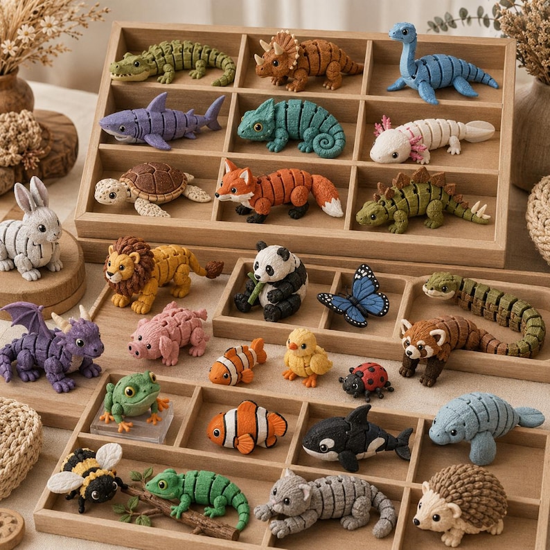 May include: A collection of colorful, handcrafted animal figurines, including a shark, fox, panda, and butterfly, displayed in wooden trays. The figurines are made of textured material and feature detailed designs. The collection includes a variety of animals.
