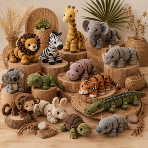 May include: A collection of handmade crochet animal figurines, including a lion, zebra, giraffe, elephant, rhino, koala, lizard, hippo, tiger, monkey, rabbit, turtle, and crocodile. Each animal is crafted with detailed stitching and vibrant colors.
