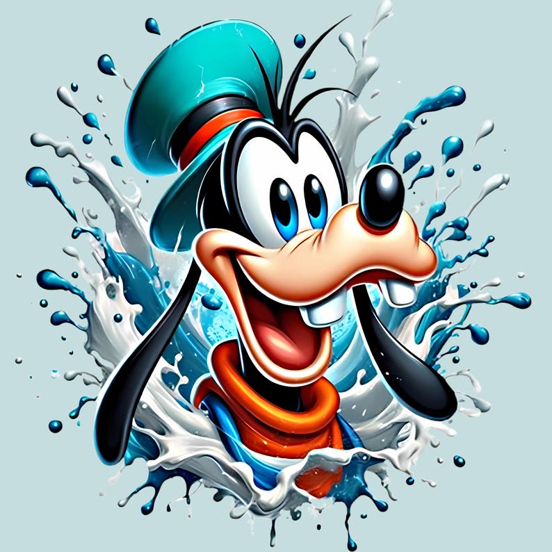 May include: A cartoon illustration of Goofy, a Disney character, with a big smile and blue eyes. He wears a teal hat, orange scarf, and is surrounded by a splash of water and white liquid against a light blue background.