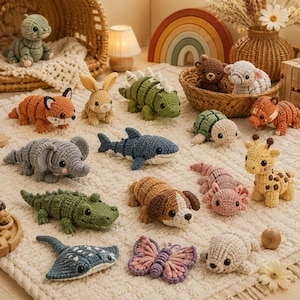 May include: A collection of handmade crochet animal toys, including a fox, bunny, dinosaur, elephant, shark, turtle, giraffe, axolotl, dog, stingray, butterfly, and seal. The toys are in various colors and sizes, displayed on a cream-colored rug.