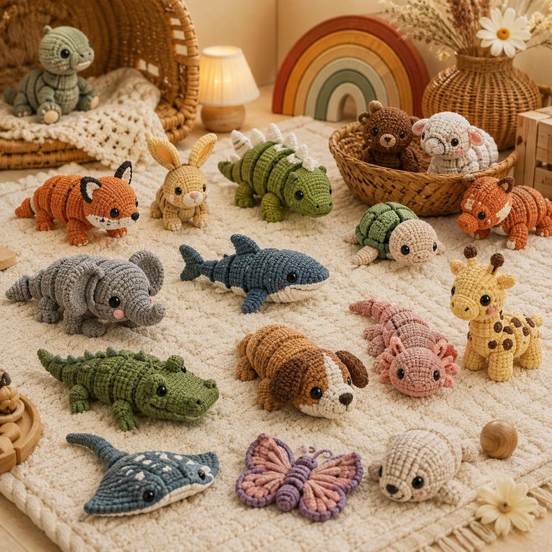 May include: A collection of handmade crochet animal toys, including a fox, bunny, dinosaur, elephant, shark, turtle, giraffe, axolotl, dog, stingray, butterfly, and seal. The toys are in various colors and sizes, displayed on a cream-colored rug.